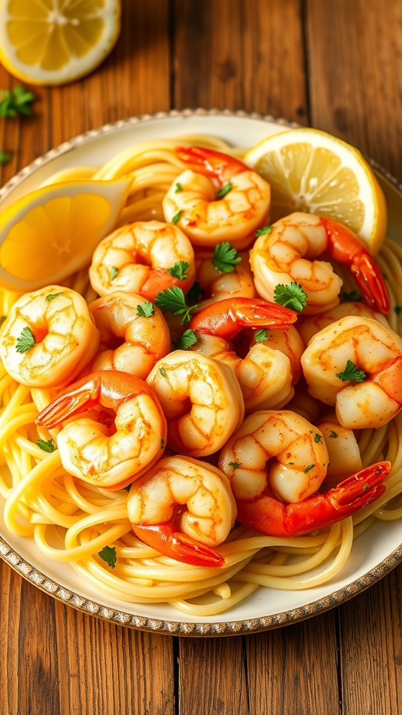 Air Fryer Shrimp Scampi Recipe A delicious serving of air fryer shrimp scampi with shrimp in garlic butter sauce over pasta, garnished with parsley and lemon wedges.
